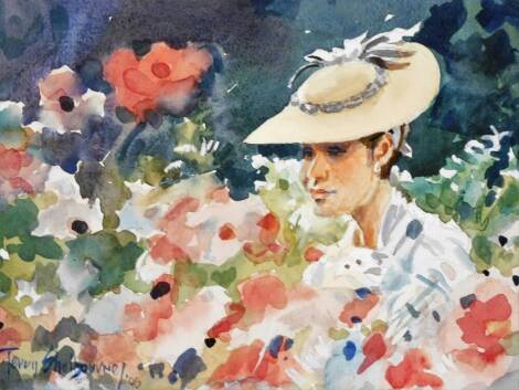 Terence Shelbourne (1930-2020). Lady in the garden, watercolour, signed and dated '06, 22cm x 30cm, framed and glazed.