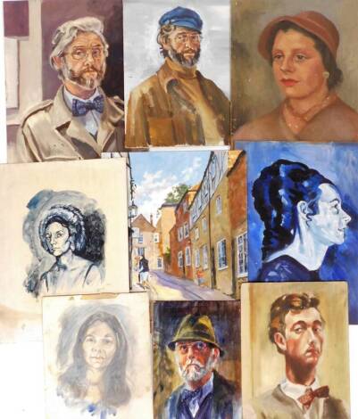 Terence Shelbourne (1930-2020). A group of oil, acrylic and watercolour on board portraits, various figures and dates from '77 to '83. (a quantity)