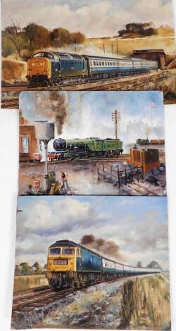 Terence Shelbourne (1930-2020). Railway related scenes, oil on boards, varying sizes. (AF, water damaged)