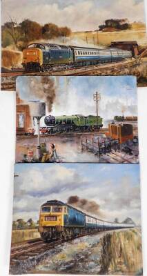 Terence Shelbourne (1930-2020). Railway related scenes, oil on boards, varying sizes. (AF, water damaged)