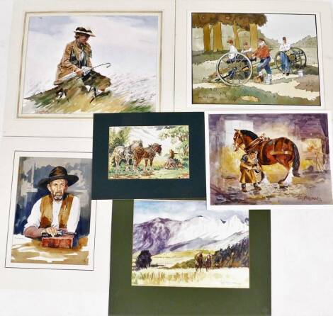 Terence Shelbourne (1930-2020). A group of watercolour cowboy and horse scenes, to include cowboy statements of Texas dated 80, military cannon scene dated 03, horses, riding scene dated 2005, horse and rear, dated 10, and another, some mounted. (6)