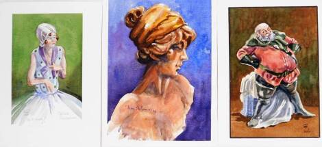 Terence Shelbourne (1930-2020). Three unframed watercolours, one of a female on blue background, dated 08, Celia's pin cushion dated 2000 and a knight dated 2000, unframed. (3)