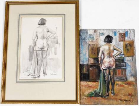 Terry Shelbourne (1930-2020). Female nude in stockings, in two medium, one pencil sketch, signed and dated '87, 34cm x 23cm, framed, and a pastel on board, signed, 41cm x 30cm. (2)