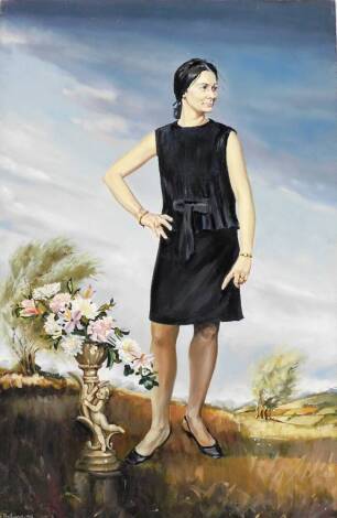 Terry Shelbourne (1930-2020). Figure of a lady in dress, with flowers, oil on board, signed and dated 1976, marked to back in biro My Beloved Celia 2014, 92cm x 60cm.