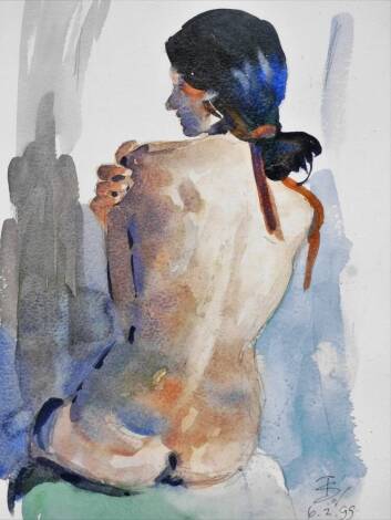 Terry Shelbourne (1930-2020). Female nude, watercolour, signed and dated 6.2.99., 35cm x 23cm, framed and glazed.