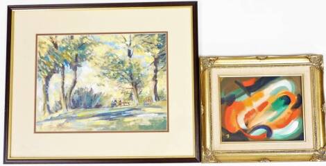 Terry Shelbourne (1930-2020). An abstract oil on board, signed, 19cm x 24cm, framed, and woodland scene, oil on board signed and dated '04, 28cm x 39cm, framed and glazed. (2)