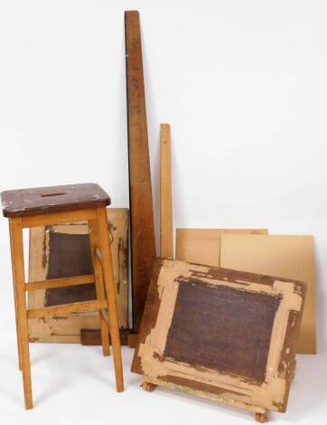 A group of artist's equipment, to include three artist's boards, two artist board measures, and an artist's stool. (6)