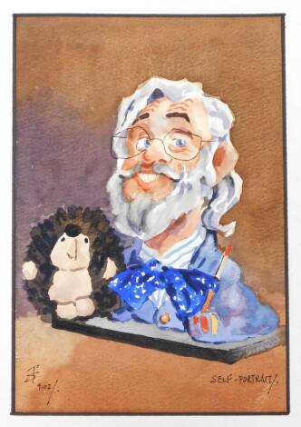 Terry Shelbourne (1930-2020). Caricature, self portrait, watercolour, signed and dated 4.02., 27cm x 18cm, unframed.