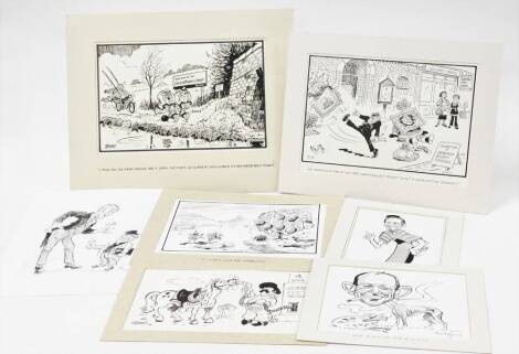 Terence Shelbourne (1930-2020). A group of cartoons, to include 'It's Life in Ambush' dated '05, man and horse dated '06, Mr David French dated '02, Mr James Dean trending the boards dated '07, A butler and gentleman dated 2011, exhibition of Grantham rai