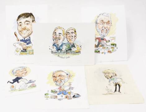 Terence Shelbourne (1930-2020). A group of pen and watercolour caricatures, to include gentleman with Hornby trains dated '09, St Anne's rectory dated '02, policeman fishing dated 2010, football club undated, an artist dated 1979 and another gentleman and