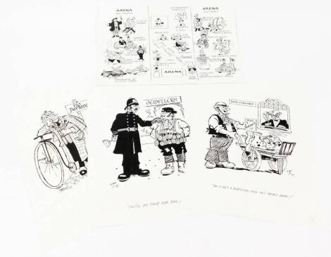 Terence Shelbourne (1930-2020). Various pen and ink cartoons, to include 'Do I get a refund now with pads' dated '97, 'You'll do time for this m'lad!' dated '97, 'No Parking' dated '97 and a pre split arena schedule undated. (4)