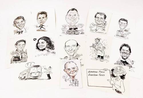 Terence Shelbourne (1930-2020). A group of caricature pen and ink drawings, to include 'Grantham Places, Grantham Faces', 'All That Jazz', footballers, music clubs, gentleman and animals, James Bond and various others. (13)