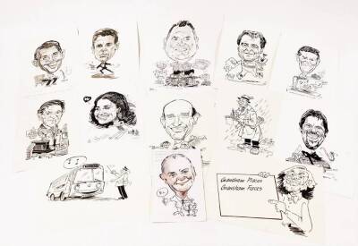 Terence Shelbourne (1930-2020). A group of caricature pen and ink drawings, to include 'Grantham Places, Grantham Faces', 'All That Jazz', footballers, music clubs, gentleman and animals, James Bond and various others. (13)