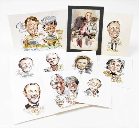 Terence Shelbourne (1930-2020). A group of watercolour caricatures, to include JMP Solicitors Grantham Rivercore, musician and dog, gentleman, Mr Dodd aged 86, Priory Fishing Lake Ruskington, Grantham Probus '88, Grantham Business Awards and the shops. (1