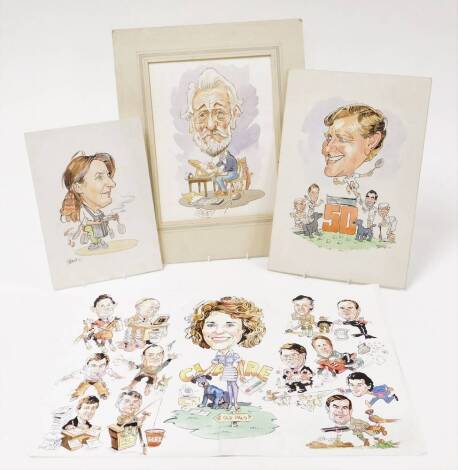 Terence Shelbourne (1930-2020). A group of watercolour caricatures, to include bearded gentleman painting, fiftieth birthday tennis scene, signed and dated '92, chef, signed and dated '91, and a facsimile copy of Clare. (4)