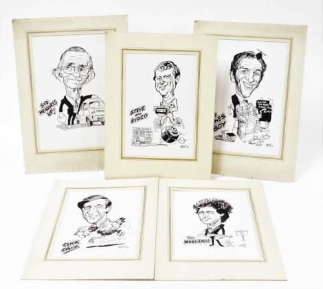 Terence Shelbourne (1930-2020). Various pen and ink caricatures, to include Steve The Video, signed and dated '88, The Jones Boy, signed and dated '88, Syd Measures Up, signed and dated '88, Click Chick, signed and dated '88, and The Management Grantham T