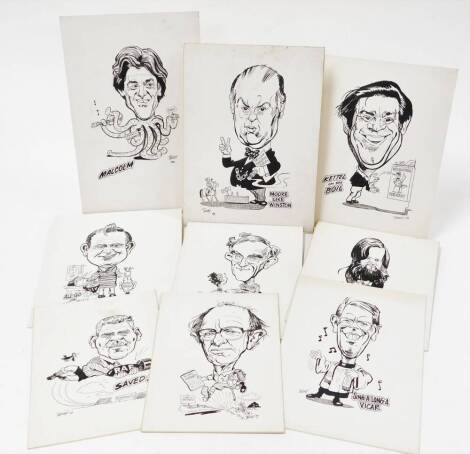 Terence Shelbourne (1930-2020). A group of pen and ink caricatures, to include All Go In The Row, Malcolm, Kettel On The Boil, Sing-A-Long The Vicar, Saved, The Way Forward, Down At The Old V & A, Chuffed To Be In Charge, and Moore Like Winston. (9)