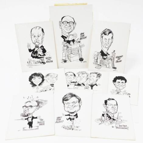 Terence Shelbourne (1930-2020). A group of pen and ink caricatures, to include On The Bench, Count On John, three figures drinking, Car Rental, holiday scene, Moore Like Winston, Get The Point, The Music Man, and Driffield and Back to Pocklington. (9)