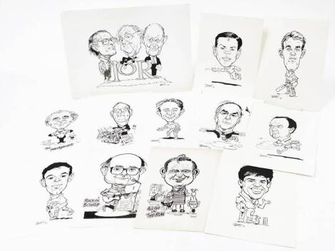 Terence Shelbourne (1930-2020). Various pen and ink caricatures, to include All Go In The Row, cricket players, badminton players, Rocking Bishop, Father Del Boy, The Management B.F.C., IOR, etc. (12)