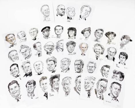 Terence Shelbourne (1930-2020). A group of pen and ink portraits, mainly of gentlemen, local people, actors and others, to include Hugh Bonneville, Ronnie Wood, Nobby Stiles, Elizabeth McGovern, Maggie Smith, Gordon Ramsey, etc. (a quantity)