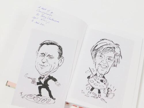 Terence Shelbourne (1930-2020). An artist's sketchbook, caricatures, to include pen and ink, watercolour and others, inscribed 'A Book of 91, Drawn April 2011 to June 2011', to include Harry Redknapp, John Higgins, Spike Army Scenes, John Cleese, Sir Davi