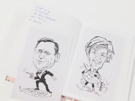 Terence Shelbourne (1930-2020). An artist's sketchbook, caricatures, to include pen and ink, watercolour and others, inscribed 'A Book of 91, Drawn April 2011 to June 2011', to include Harry Redknapp, John Higgins, Spike Army Scenes, John Cleese, Sir Davi