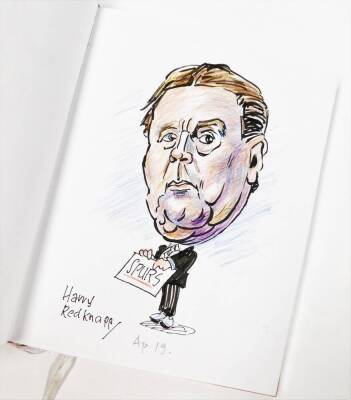 Terence Shelbourne (1930-2020). An artist's sketchbook, caricatures, to include pen and ink, watercolour and others, inscribed 'A Book of 91, Drawn April 2011 to June 2011', to include Harry Redknapp, John Higgins, Spike Army Scenes, John Cleese, Sir Davi - 4