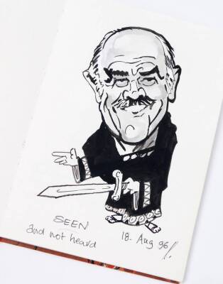 Terence Shelbourne (1930-2020). A caricature book, inscribed 'August 1996, continued and complete March 2000', to include Sir Enry's 'ammer, Labour of Love, Beefing About the Bush, Monty, Garden of Eden, Francis Bacon & Eggs, The Horse's Face Coursing The - 2