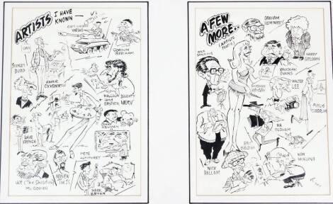 Terence Shelbourne (1930-2020). Penpals pen and ink cartoon, depicting various names, such as Dave French, Pete Humphrey, Malcolm Doughty, Gordon Beecham, Wilf Spalding, Harry Gregson, etc., in two sections, 38cm x 26.5cm, two, framed and glazed.