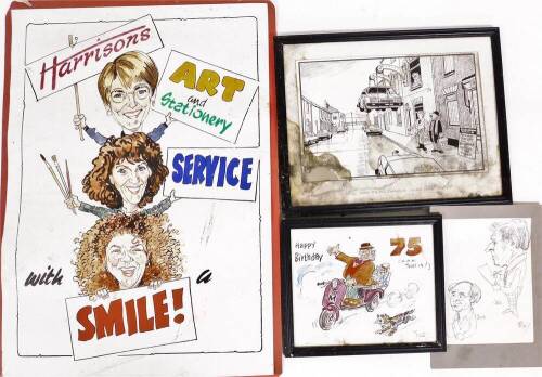 Four Terence Shelbourne sketches, to include pencil sketch of Jack and Bob, Happy Birthday 75, framed (AF), Water Damaged Do We Charge That One Then? cartoon, and a Harrisons Art and Stationery watercolour board (AF). (4)