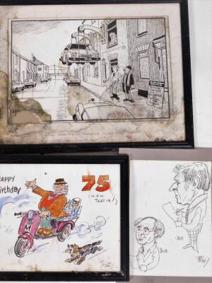 Four Terence Shelbourne sketches, to include pencil sketch of Jack and Bob, Happy Birthday 75, framed (AF), Water Damaged Do We Charge That One Then? cartoon, and a Harrisons Art and Stationery watercolour board (AF). (4) - 2