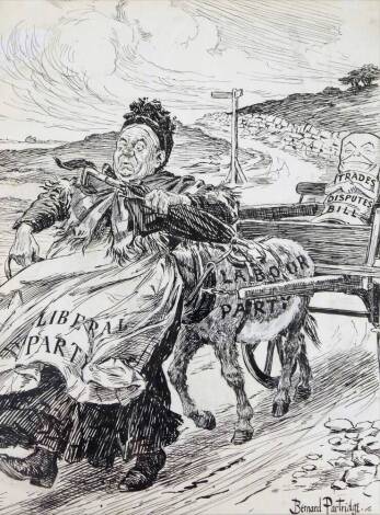 Sir Bernard Partridge (1861-1945). Drawing from Punch 1903, The Predominent Pautneu Liberal Party, of lady with donkey and carriage, pen and ink sketch, 32cm x 25cm, framed and glazed.