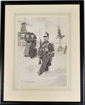 Tom Browne (1872-1910). Military gentleman and two ladies by windmill, pen and ink sketch, 35.5cm x 25cm, framed and glazed. - 2