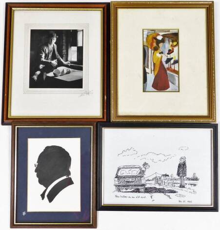 A group of cartoonist and other framed pictures and prints, to include New Buttons on the Old Coat, facsimile copy, dated 1996, a Terry Shelbourne silhouette picture, a watercolour and acrylic by Olive Deri, Maiden Shopping for Hats, and a photographic pr