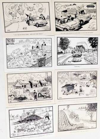 Terence Shelbourne (1930-2020). A group of pen and ink cartoons relating to farming scenes, to include Look For Your Laurels Western, Road Hog, Try Putting Your Feet On The Wheel Garge, Slurry Into Power, etc., 24cm x 37cm. (8)