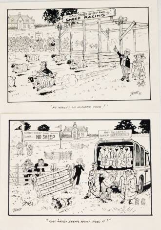 Terence Shelbourne (1930-2020). A group of pen and ink cartoons relating to Corby Sheep Fair, to include the 756th Corby Sheep Fair Sheep Racing and Corby Sheep Fair 2001, 24cm x 37cm. (2)