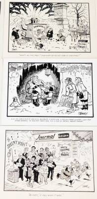 Terence Shelbourne (1930-2020). A group of pen and ink cartoons relating to Christmas, to include The Belton Avenue Community Centre Christmas Dinner, The Snowmobile, Rudolph And His Sleigh, Happy Christmas From The Journal, Santa's Grotto, LCC Nordic Bus - 3