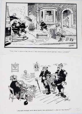 Terence Shelbourne (1930-2020). A group of pen and ink cartoons relating to emergency services , to include Grantham Fire Scene, It's An Offence To Cycle On The Footpath, HRH To Open New Police Station and Bless This House Of Correction, 24cm x 37cm. (4) - 2