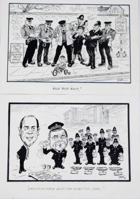 Terence Shelbourne (1930-2020). A group of pen and ink cartoons relating to emergency services , to include Grantham Fire Scene, It's An Offence To Cycle On The Footpath, HRH To Open New Police Station and Bless This House Of Correction, 24cm x 37cm. (4) - 3