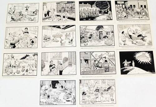 Terence Shelbourne (1930-2020). A group of pen and ink cartoons relating to various humorous scenes, to include Dangerous, Lights In A Tree, Cat Protection League, Millennium Eve, Kitchen, Gymnasium Club, Who Was The Fool That Didn't Sign The Land Registr