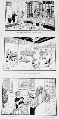 Terence Shelbourne (1930-2020). A group of pen and ink cartoons relating to various humorous scenes, to include Dangerous, Lights In A Tree, Cat Protection League, Millennium Eve, Kitchen, Gymnasium Club, Who Was The Fool That Didn't Sign The Land Registr - 3