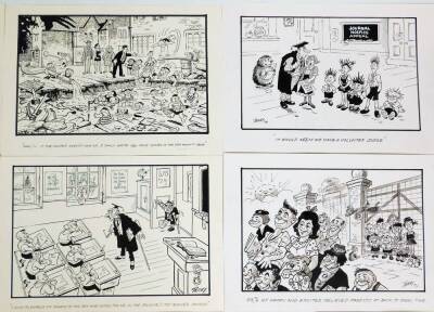 Terence Shelbourne (1930-2020). A group of pen and ink cartoons relating to schools, to include Grantham College Young Cook Of The Year 2001, Kings Jazz And Rock Festival, School Pool Closed, Walton Girls High School, The Kings School, Classroom Scene, KG - 5