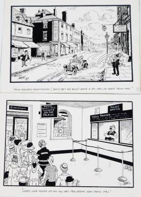 Terence Shelbourne (1930-2020). A group of pen and ink cartoons relating to various Grantham Scenes, to include Abbey Gardens, Grantham Canal Hollis Road, High Street Near The George Hotel, BHF Sponsored Riverside Walk, Grantham Ticket Office, The Grantha - 3