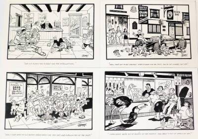 Terence Shelbourne (1930-2020). A group of pen and ink cartoons relating to pubs, to include The Bull, The Playhouse, The Black Dog, The Goose, The Nobody Inn Watergate, Waggon and Horses Caythorpe, The Tolemarche Inn, Odd House, Brownlow Arms, The Stag, - 2