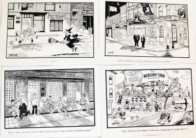 Terence Shelbourne (1930-2020). A group of pen and ink cartoons relating to pubs, to include The Bull, The Playhouse, The Black Dog, The Goose, The Nobody Inn Watergate, Waggon and Horses Caythorpe, The Tolemarche Inn, Odd House, Brownlow Arms, The Stag, - 4