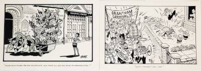 Terence Shelbourne (1930-2020). A group of pen and ink cartoons relating to Grantham Events, to include Grantham Carnival, The Guildhall Centre, St Wulfrum's Last Night At The Proms, The Prince Of William Gloucester Barracks, The Old Scrap Bangers, Dog Sh - 5