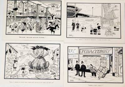 Terence Shelbourne (1930-2020). A group of pen and ink cartoons relating to various Grantham businesses and scenes, to include Pay and Display Car Park, Supermarket, Greasy Spoon Cafe, gravity FM, Lils BnB, Trading Repair Counter, Shed, Finkin Street Meth - 2