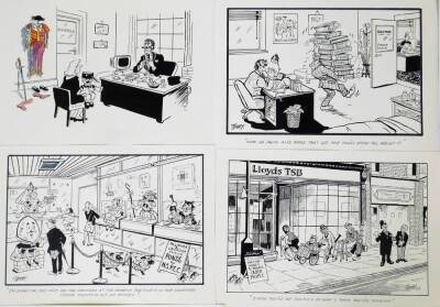 Terence Shelbourne (1930-2020). A group of pen and ink cartoons relating to various Grantham businesses and scenes, to include Pay and Display Car Park, Supermarket, Greasy Spoon Cafe, gravity FM, Lils BnB, Trading Repair Counter, Shed, Finkin Street Meth - 3