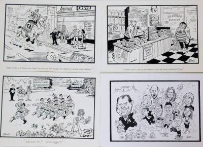 Terence Shelbourne (1930-2020). A group of pen and ink cartoons relating to various Grantham businesses and scenes, to include Pay and Display Car Park, Supermarket, Greasy Spoon Cafe, gravity FM, Lils BnB, Trading Repair Counter, Shed, Finkin Street Meth - 4