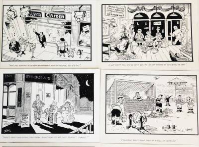 Terence Shelbourne (1930-2020). A group of pen and ink cartoons relating to various Grantham businesses and scenes, to include Pay and Display Car Park, Supermarket, Greasy Spoon Cafe, gravity FM, Lils BnB, Trading Repair Counter, Shed, Finkin Street Meth - 5